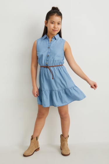 Kinder - Blusenkleid mit Gürtel - hellblau