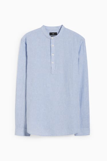 Heren - Overhemd - regular fit - opstaande kraag - linnenmix - gestreept - lichtblauw