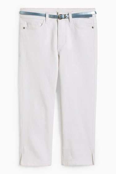 Damen - Capri Jeans mit Gürtel - Mid Waist - Slim Fit - weiß