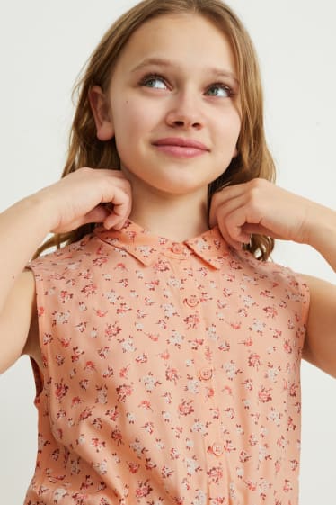 Copii - Rochie tip bluză cu curea - cu flori - portocaliu deschis