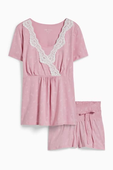 Dámské - Kojící pyžamo - s květinovým vzorem - růžová