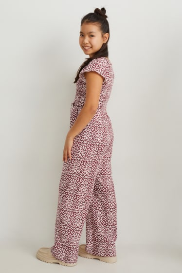 Kinderen: meisjes - Jumpsuit - linnenmix - met patroon - bruin / crème wit