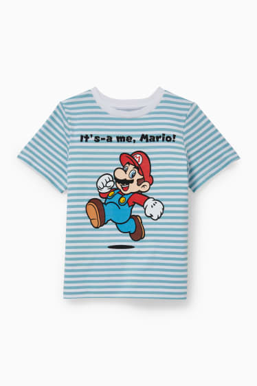 Kinder - Super Mario - Kurzarmshirt - gestreift - weiß / hellblau