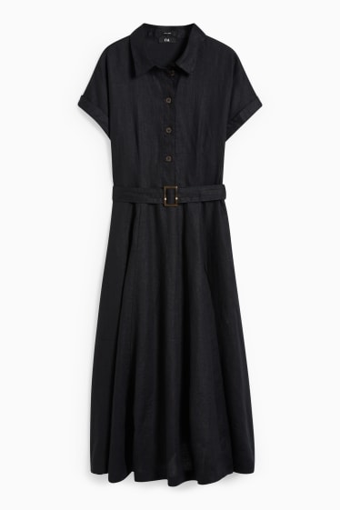 Femmes - Robe-chemisier en lin avec ceinture - noir