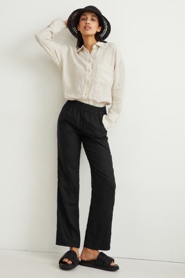 Women - Basic linen trousers - mid-rise waist - regular fit - black