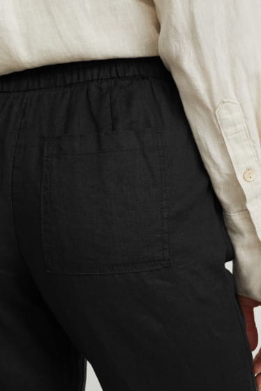Dámské - Lněné kalhoty basic- - mid waist - regular fit - černá