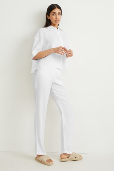 Damen - Basic-Leinenhose - Mid Waist - Regular Fit - weiß
