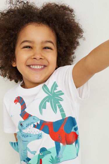 Kinderen - Set van 2 - dino en graafmachine - T-shirt - blauw / wit