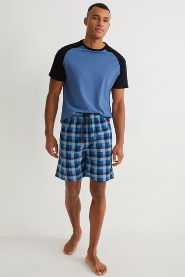 Pánské - Letní pyžamo s flanelovými kalhotami - tmavomodrá