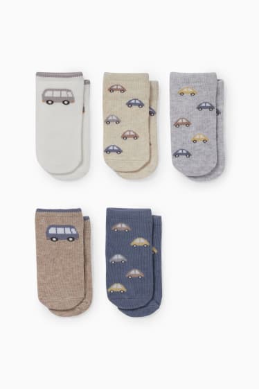 Bébés - Lot de 5 paires - voitures et bus - chaussettes de sport pour bébé à motif - beige clair