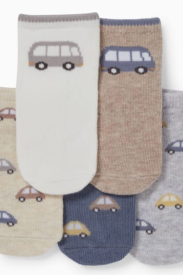 Neonati - Confezione da 5 - automobili e autobus - calzini corti con motivo per neonati - beige chiaro