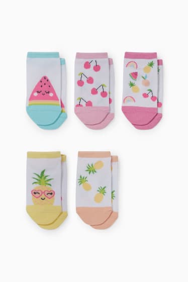Kinderen: meisjes - Set van 5 paar - vruchten - sneakersokken met motief - fuchsiarood