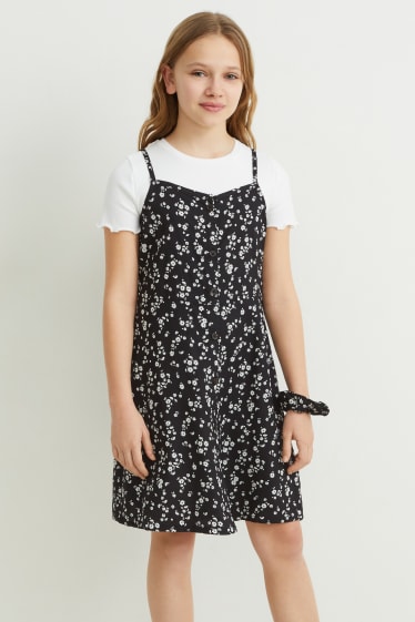 Kinderen - Set - T-shirt, jurk en scrunchie - 3-delig - zwart / wit