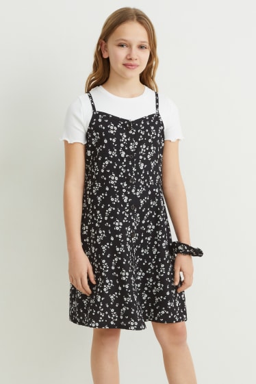 Bambini - Set - maglia a maniche corte, vestito e scrunchie - 3 pezzi - nero / bianco