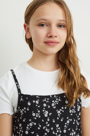 Dětské - Souprava - tričko s krátkým rukávem, šaty a scrunchie gumička do vlasů - 3dílná - černá/bílá