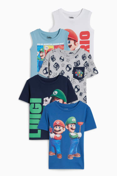 Kinder Jungen - Multipack 5er - Super Mario - 2 Tops und 3 Kurzarmshirts - dunkelblau