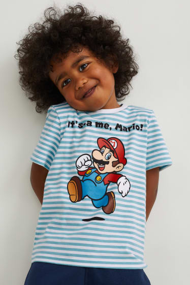 Kinder - Super Mario - Kurzarmshirt - gestreift - weiß / hellblau