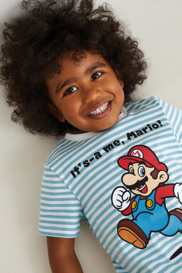 Kinder - Super Mario - Kurzarmshirt - gestreift - weiß / hellblau