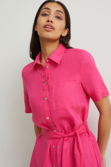 Mujer - Vestido camisero de lino - fucsia