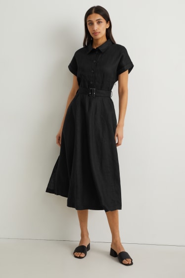 Femmes - Robe-chemisier en lin avec ceinture - noir
