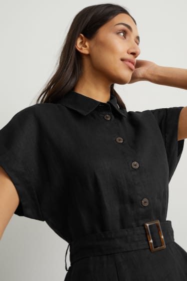 Femmes - Robe-chemisier en lin avec ceinture - noir