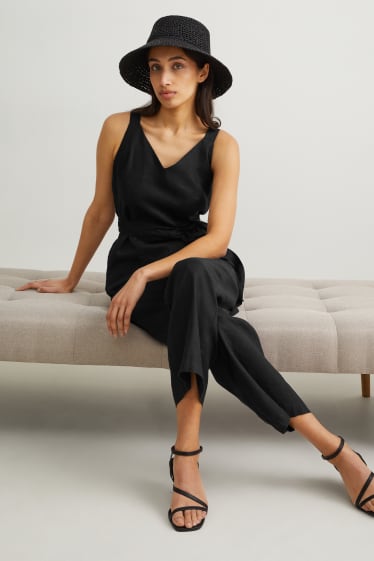 Damen - Leinen-Jumpsuit - schwarz