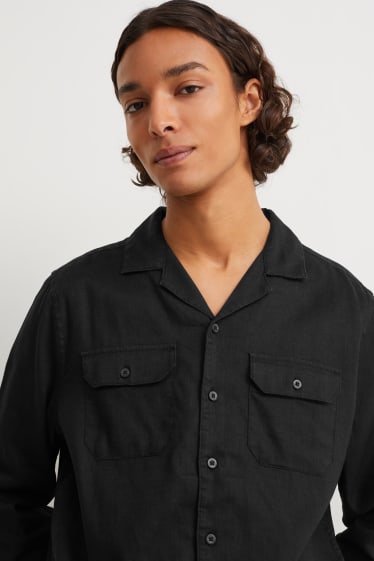 Home - Camisa - regular fit - coll solapa - mescla de lli - negre