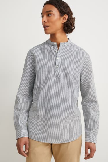 Hommes - Chemise - regular fit - encolure montante - lin mélangé - à rayures - blanc / vert