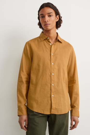 Home - Camisa - regular fit - coll kent - mescla de lli - groc mostassa