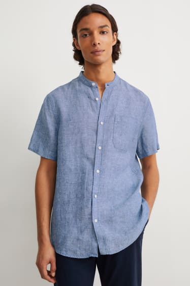 Pánské - Lněná košile - regular fit - stojáček - modrá