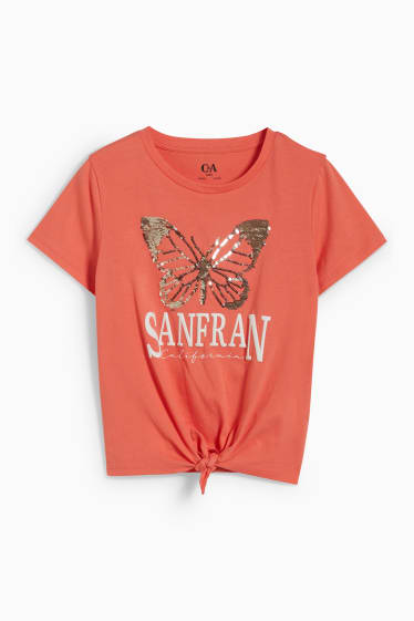 Children - Short sleeve T-shirt with knot detail - shiny - coral