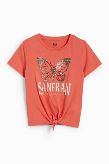 Kinder Mädchen - Kurzarmshirt mit Knotendetail - Glanz-Effekt - coral