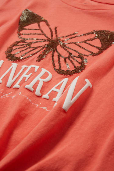 Kinder Mädchen - Kurzarmshirt mit Knotendetail - Glanz-Effekt - coral