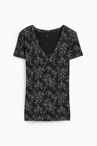 Damen - Basic-T-Shirt - geblümt - schwarz