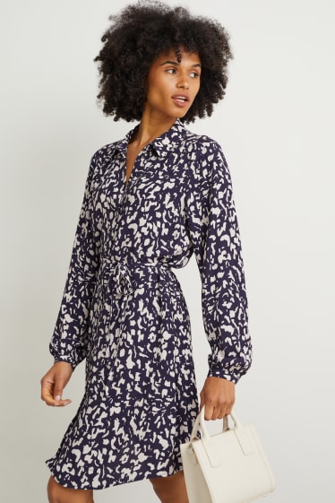 Damen - Blusenkleid - gemustert - dunkelblau / cremeweiss