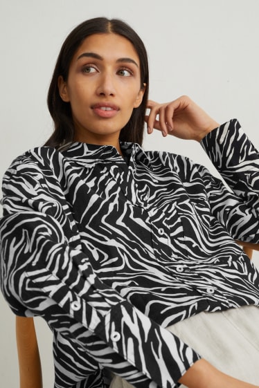 Femei - Bluză de in basic - cu model - negru / alb