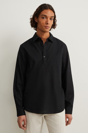 Men - Shirt - regular fit - Kent collar - linen blend - black