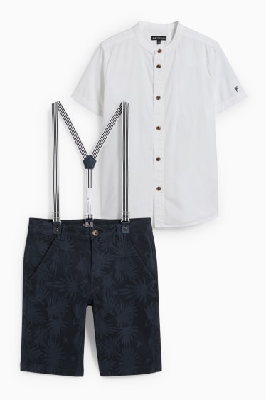 Enfants - Ensemble - chemise et bermuda à bretelles - 2 pièces - bleu foncé