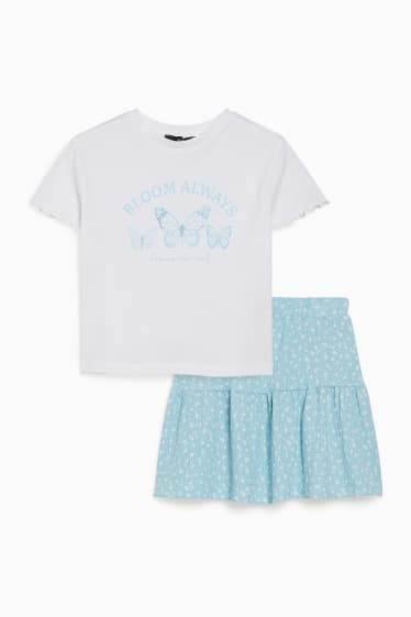 Enfants filles - Ensemble - T-shirt et jupe - 2 pièces - blanc / bleu clair