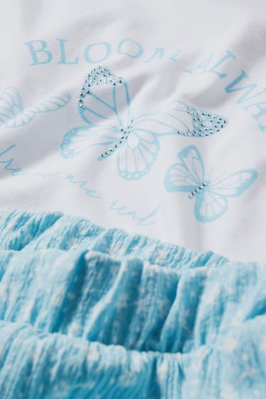Bambini - Set - maglia a maniche corte e gonna - 2 pezzi - bianco / azzurro