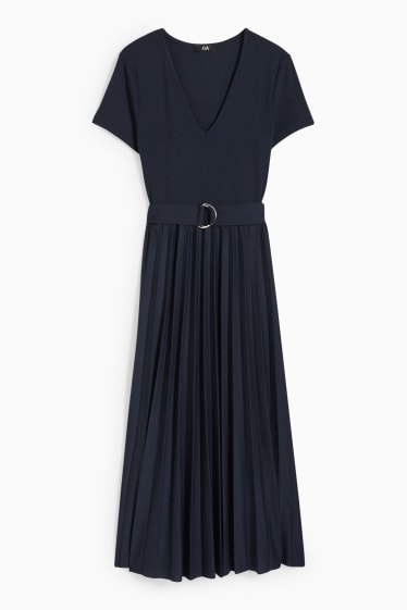 Women - Fit & flare dress with belt - pleated - dark blue