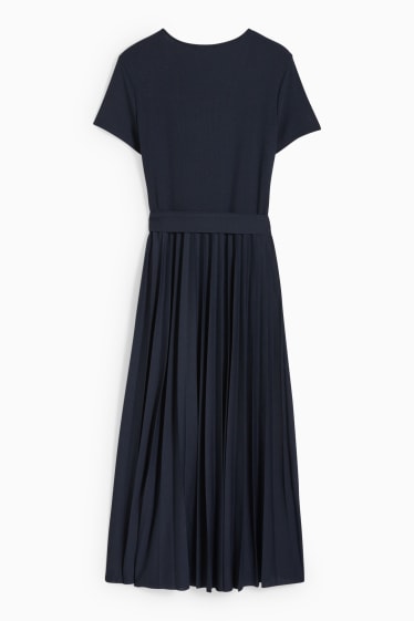 Women - Fit & flare dress with belt - pleated - dark blue