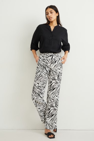 Women - Linen trousers - mid-rise waist - regular fit - patterned - cremewhite