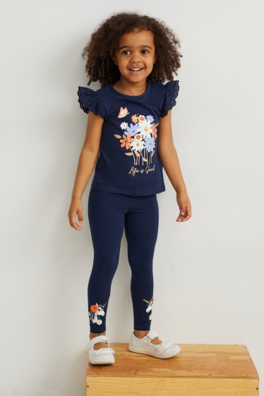 Enfants - Lot de 2 - licorne - leggings - à fleurs - bleu foncé