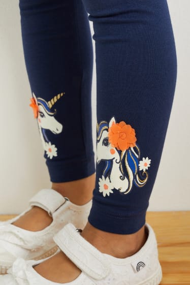 Enfants - Lot de 2 - licorne - leggings - à fleurs - bleu foncé