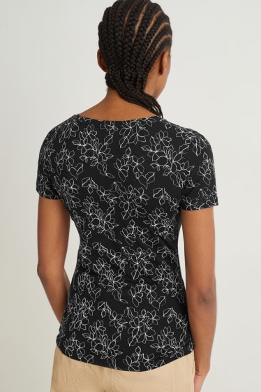 Femei - Tricou basic - cu flori - negru