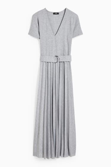 Femmes - Robe fit & flare avec une ceinture - plissée - gris clair chiné