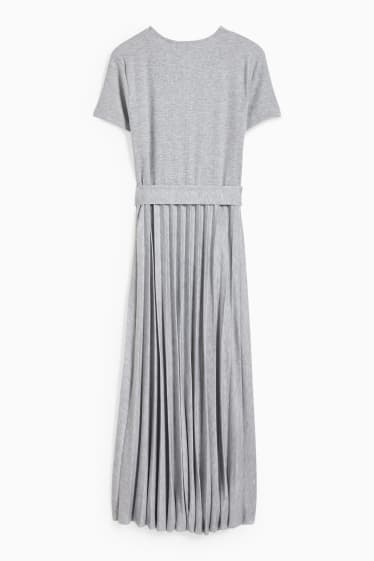 Dámské - Šaty fit & flare s páskem - plisované - světle šedá-žíhaná