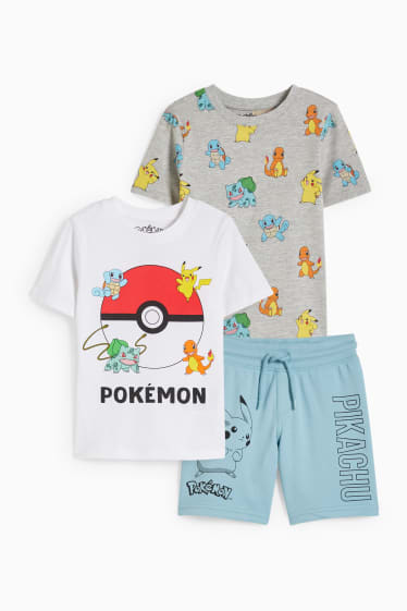 Dětské - Pokémon - souprava - 2 trička s krátkým rukávem a teplákové šortky - 3dílná - bílá