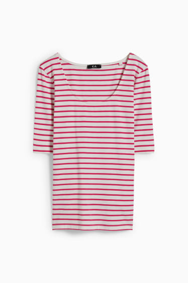 Dames - T-shirt - gestreept - wit / fuchsiarood